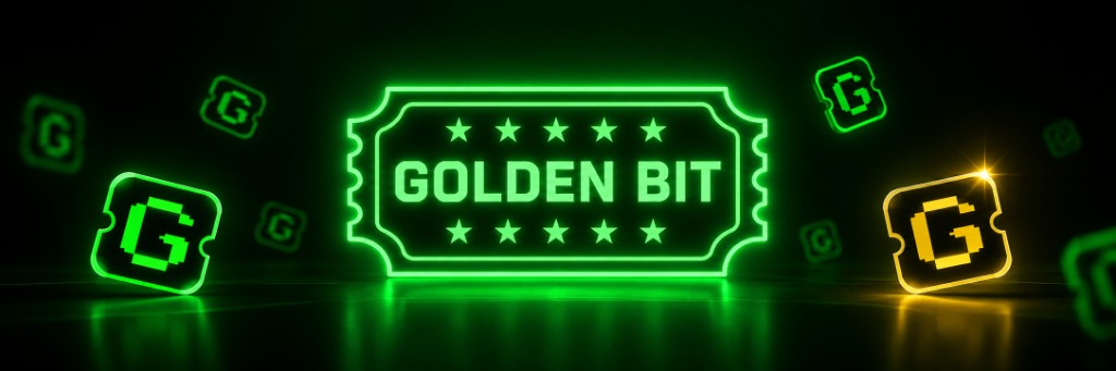 Golden Bit — neon ticket and floating G tiles